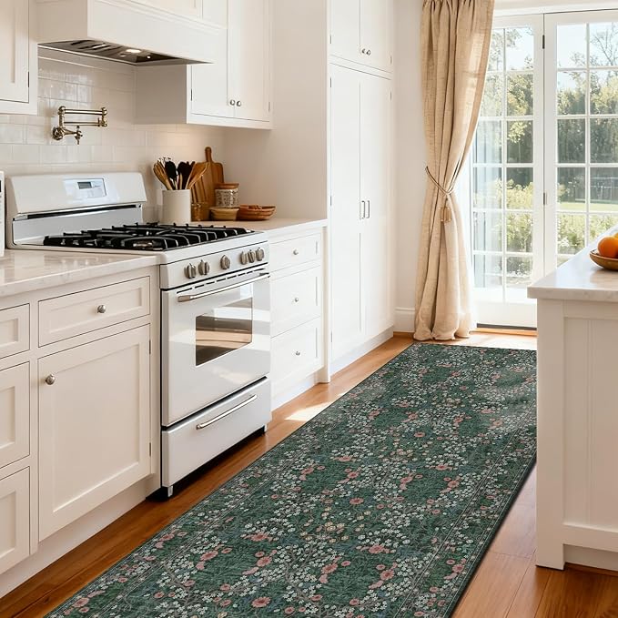 Washable 2'6" x 10' Runners for Hallways, Non Slip Long Floor Runner for Kitchen, Entryway Indoor, Stain Resistant Rubber Backing Floral Decor Rug (Green)
