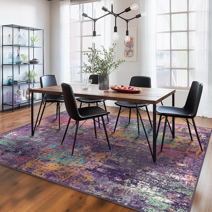 RELEANY Washable 6'x9' Abstract Area Rug for Living Room Purple Multi | Carpet for Bedroom, Kitchen, Office, Hallway and Entryway, Printed Pattern, Non‑Slip, Soft, Stain‑Resistant, Easy to Clean