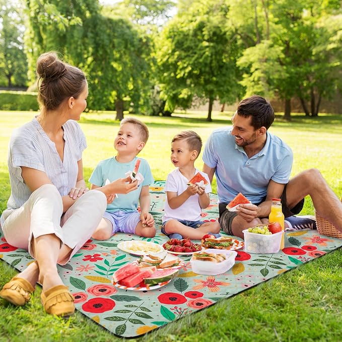 Tegeme Beach Picnic Blanket Floral Waterproof Outdoor Blanket 80''x80'' Extra Large Portable Sandproof Machine Washable 3 Layer Thick Gingham Picnic Mat for Beach Camping Park Grass(Green)