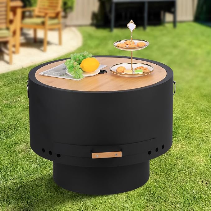 GarveeLife 26 in Smokeless Fire Pit with Removable Ash Pan, Wood Burning Firepit Table with Lid&Fire Poker,Smokeless Outdoor Fireplace with Dust Bag, Outdoor Fire Pits for BBQ, Table, Bonfire, Camping