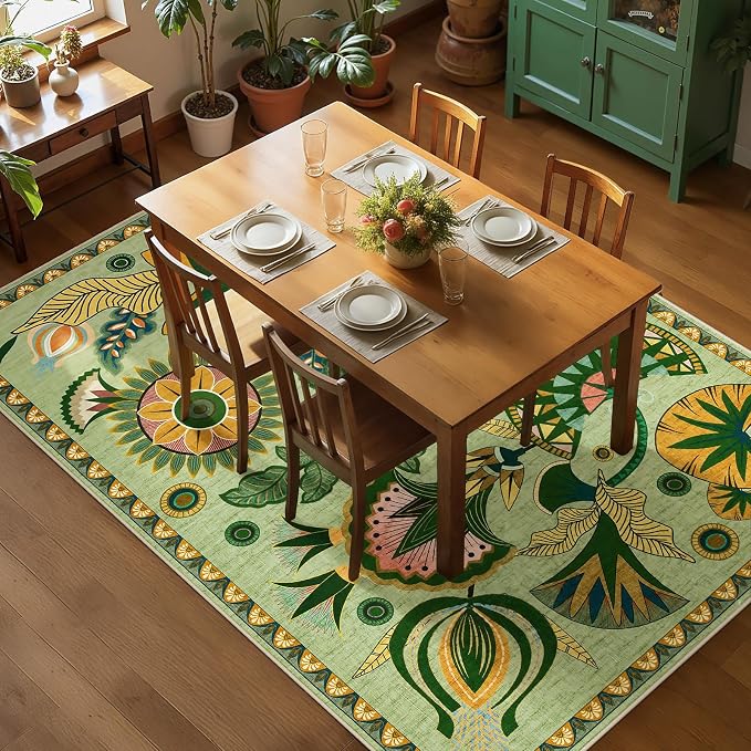 Joydeco Egypt Floral Boho Washable 8x10 Area Rug for Living Room Bedroom | Sage Green Botanical Colorful Aesthetic Large Non Slip Indoor Throw Carpet for Dining Room Nursery Guest Room Playroom Dorm