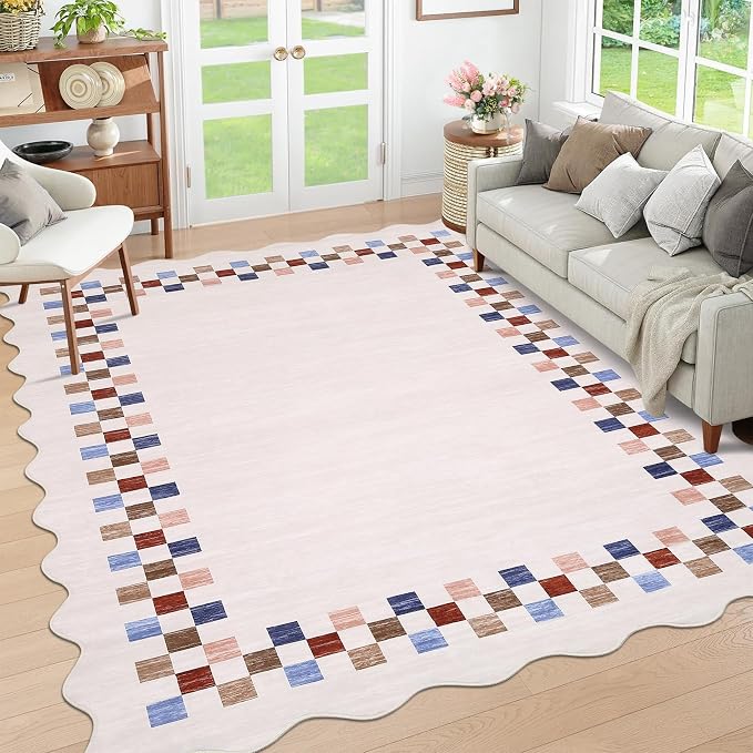 GarveeHome Washable Rug 5x7 for Living Room Large Bedroom Scalloped Rug | Non Slip Stain Resistant Modern Border Throw Carpet Soft Neutral Rug for Dining Room Nursery Home Office, Colorful