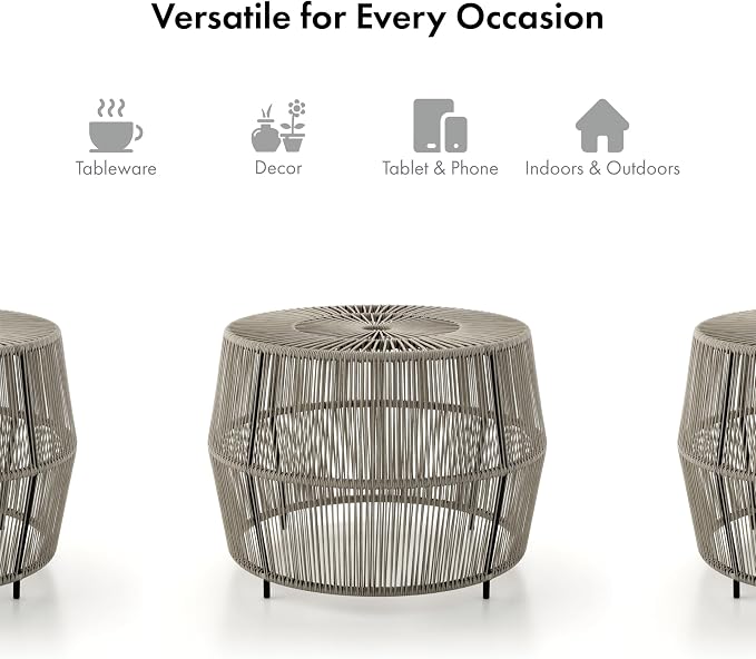 Furniture of America Ysar Boho Rattan Round Coffee Table Outdoor with Metal Frame, All-Weather and Rust Resistant, Handcrafted Coastal Furniture for Patio, Poolside, Garden, Yard, Gray