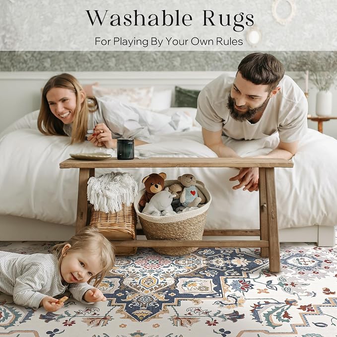 Phantoscope Washable Area Rug 9'x12' Non-Slip, Vintage Boho Rugs for Living Room, Bedroom, Dining Room, Persian Floral Medallion Pattern, Low-Pile Foldable Floor Carpet, Ivory Blue/Garden Bloom