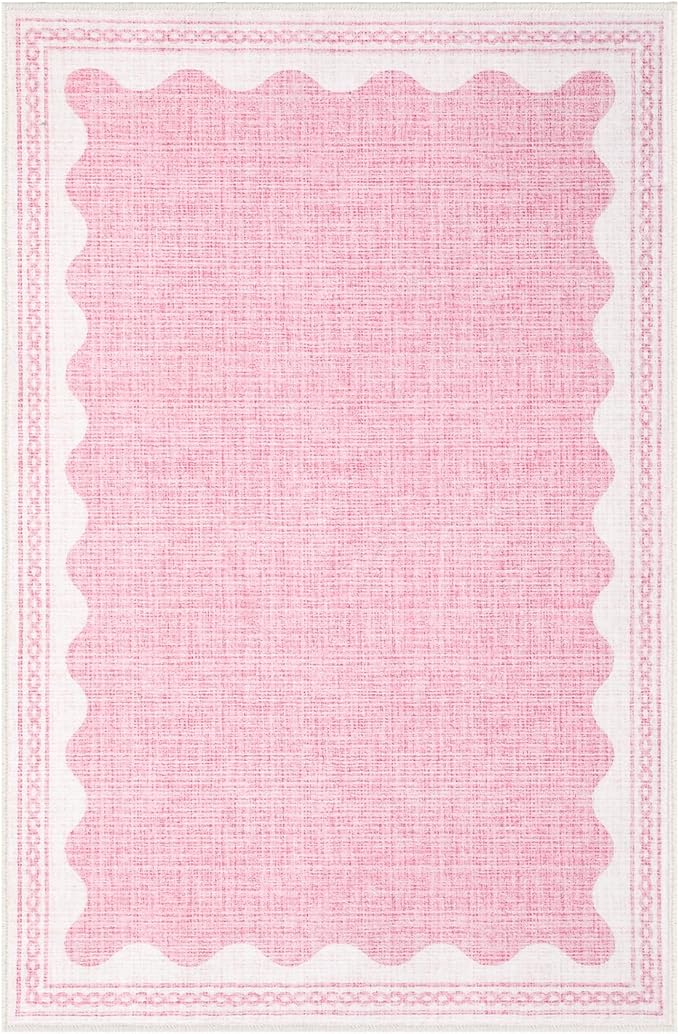 GarveeHome Door Mat Indoor Rugs for Entryway Small Rug 2x3 Washable Non-Slip Solid Pink Modern Minimalism Low-Pile Scalloped Throw Carpet for Girls Bedroom Kitchen Bathroom Entrance