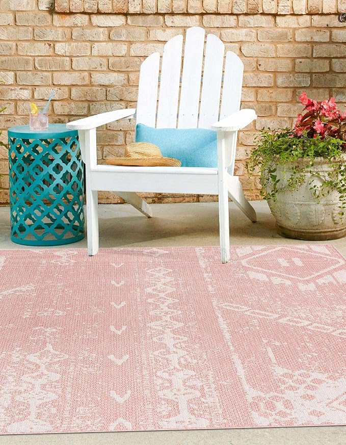 Unique Loom Outdoor Bohemian Collection Area Rug - Anthro (10' 8" Square Pink/Ivory)