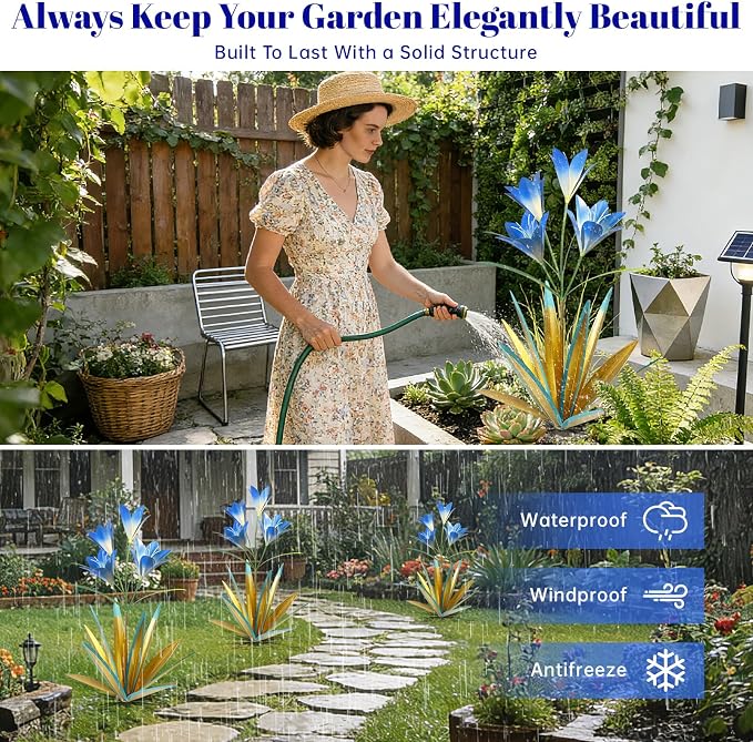 TOMBABY 32.28 Inch Metal Agave Plant Outdoor Decoration Lily Mexican Yard Art Garden Gift Home Decor Hand Painted Metal Agave Garden Yard Statue (1pc, Blue)