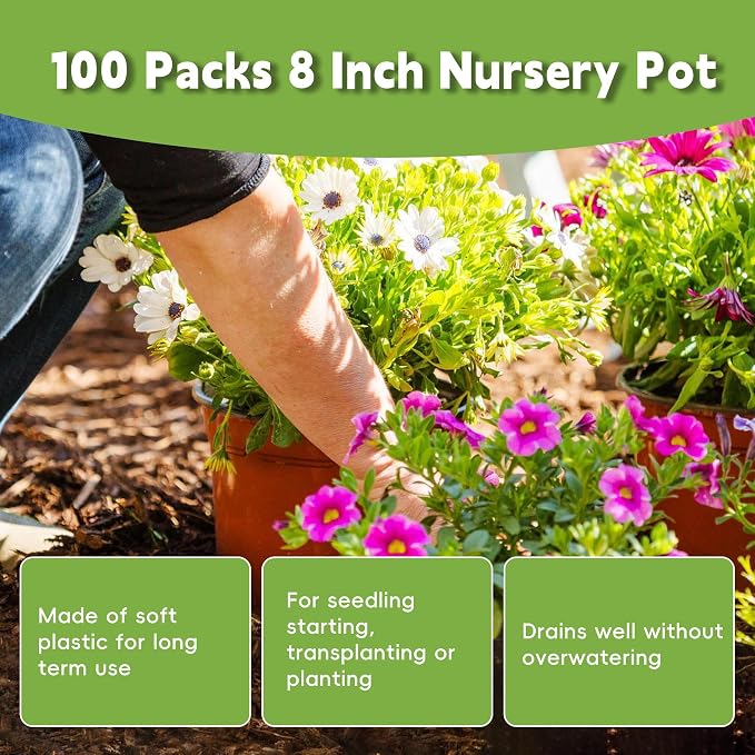 HOSTIC 8 Inch Nursery Pot Seedling Pot Plant Container Seed Starting Pots Multipurpose Plastic Pots 100 Packs