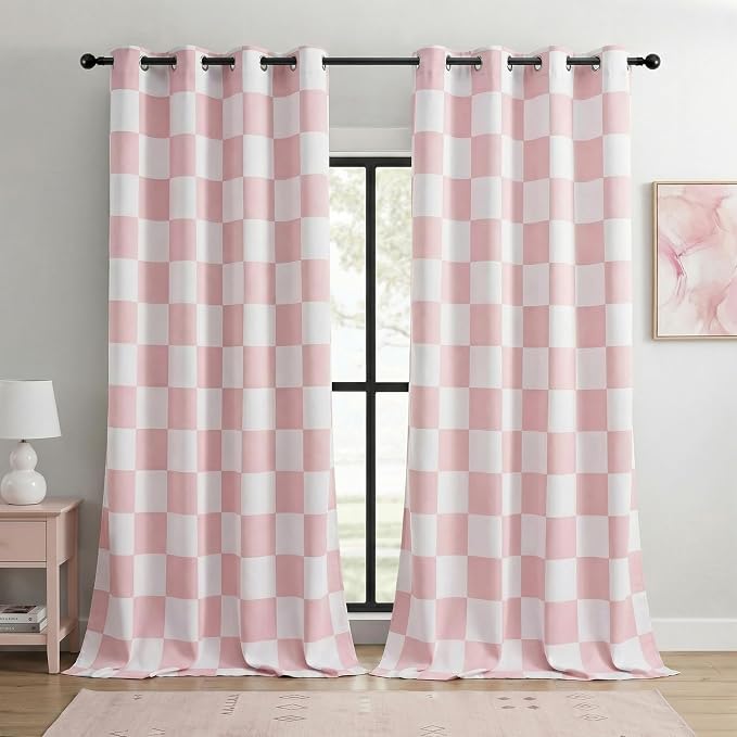 100% Blackout Checkered Curtains – 2 Panels, Each W52×L96, Thermal Insulated, Nosie Reducing for Bedroom, Modern Pink and White Checkerboard Design for Girls Room