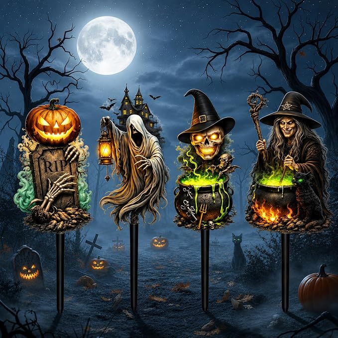 4 Pack Halloween Yard Signs 15'' Large Outdoor Halloween Decorations Metal Scary Garden Stakes Witch Skeleton Skull Pumpkin Tombstone Decorative Art Rust Proof for Outside Yard Lawn Patio