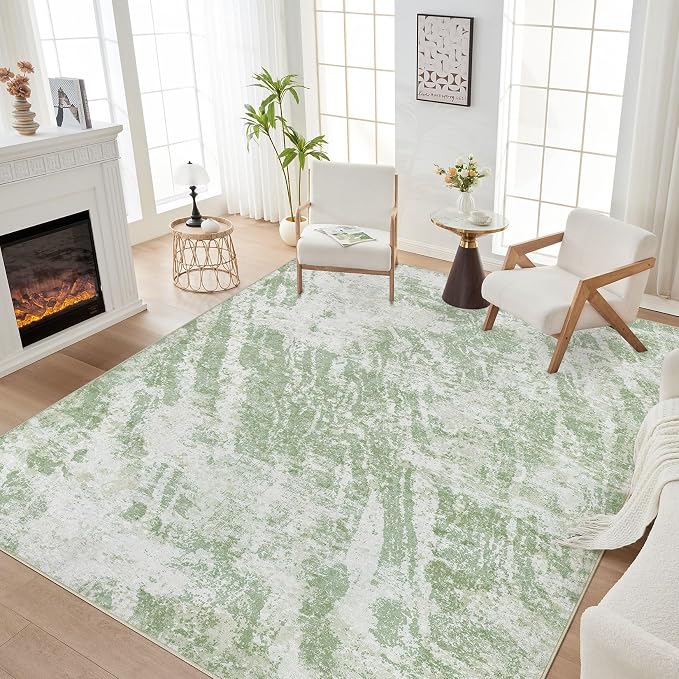 DMOYEST 6x9 Area Rug for Living Room Washable Abstract Indoor Carpet | Neutral Modern Low Pile Rugs Kid & Pet Friendly Soft Thin Carpet for Bedroom Dining Room and Office - Light Green