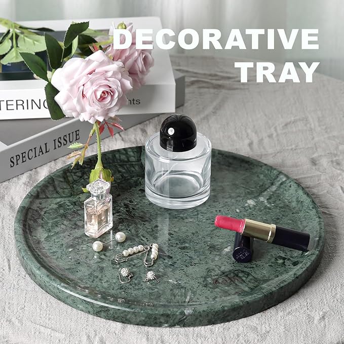 Karibiber Natural Marble Serving Tray, 11.8in Marble Round Tray, Green Stone Bathroom Tray for Countertop, Decorative Vanity Trays, Coffee Table Trays, Jewelry & Perfume Holder