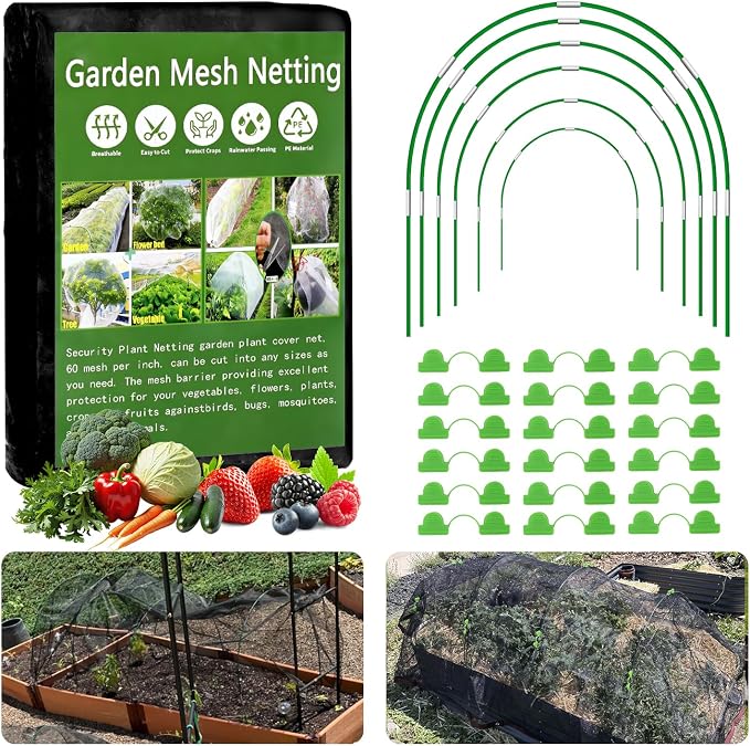 Garden Mesh Netting Kit, 10x30FT Black Ultra Fine Netting & 6 Sets 8FT Fiberglass Garden Hoops, Garden Netting with Frame for Raised Beds, Garden Hoops and Netting for Row Cover, Plant Insect Barrier