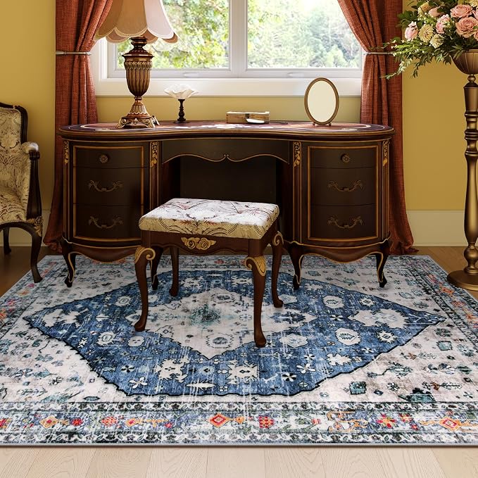 Lahome Felice Boho Tribal Area Rug - Blue 5x7 Large Rug for Bedroom Soft Non Slip Washable Non Shedding Living Dining Room Mat, Indoor Turkish Office Carpet for Dorm Kitchen Nursery Dining Bedroom