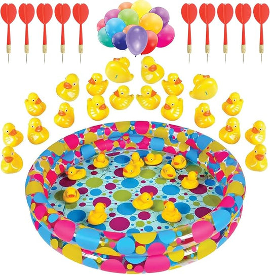 Gamie Duck Pond Matching Game & Dart Balloon Game for Kids, Includes 20 Plastic Ducks with Numbers and 3" x 6" Inflatable Pool & Includes 144 Dart Balloons and 11 Plastic Darts with Copper Tips