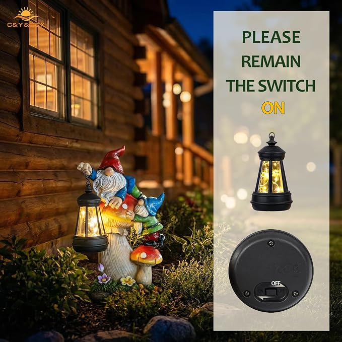 C&Y&G&X Solar Garden Gnome Statue with Lantern, Waterproof Mushroom Garden Decor, Resin Gnome Yard Art with Solar LED Lights for Outdoor Lawn Patio Porch, Gifts for Mom Grandma Garden Lovers
