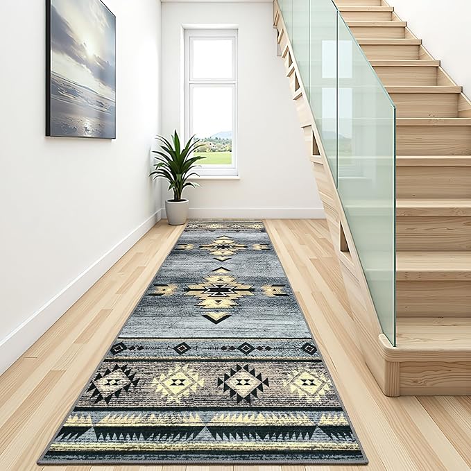 BENRON Western Hallway Runner Rug 2x8, Long Runners for Kitchen, Grey | Southwest aztec Rug, Accent and Tribal Throw Rugs for Bedroom, Washable