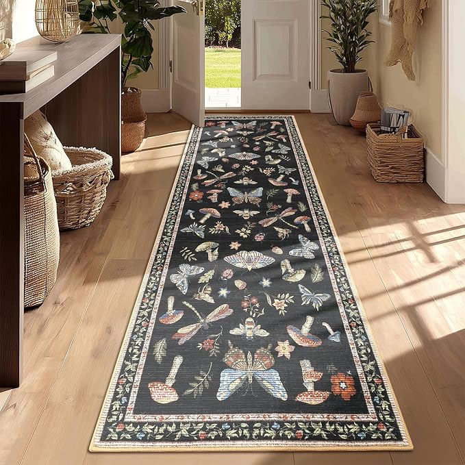 ROYHOME Mushroom Insect 2x6 Kitchen Runner Rug for Hallways Black | Entryway Bedroom Bathroom Washable Bug Moth Cute Funky Cottage Core Whimsical Boy Rugs Low-Pile Non-Slip TPE Backing