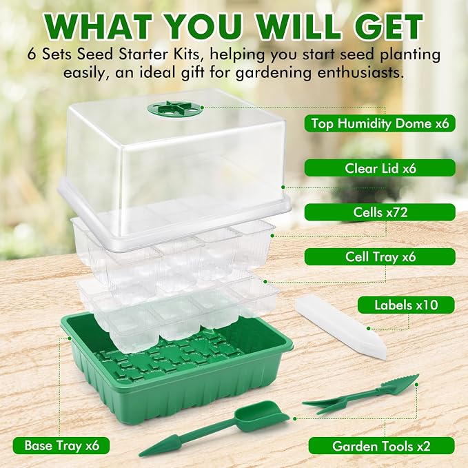 72 XL Cells Seed Starter Tray, 6 Packs Seed Starter Kit Large Size Individual Cells, Seedling Starting Trays with Humidity Dome and High Lid, Germination Kit for Indoor Greenhouse Seed Starter