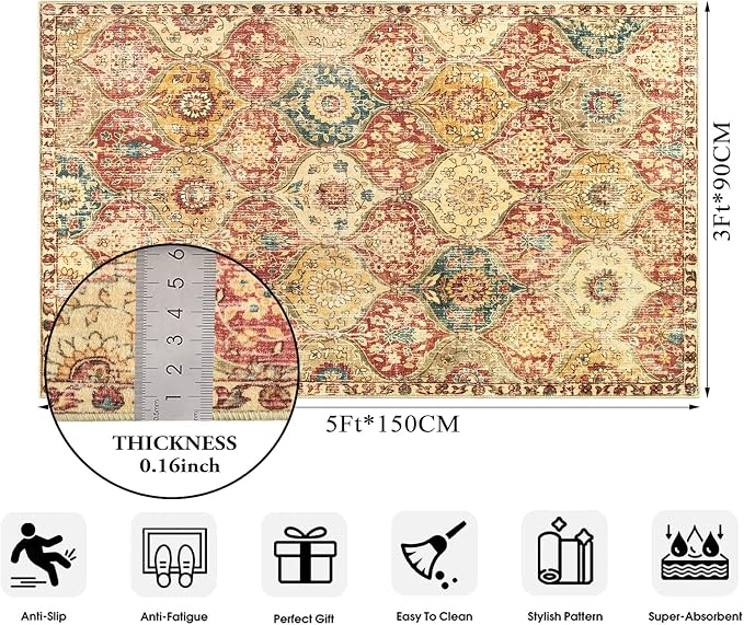 Lahome Moroccan Washable Small Area Rug, 3x5 Rug for Bedroom Living Room | Trellis Non-Slip Oriental Accent Throw Carpet for Kitchen Office Entryway Bathroom Office Elise, Red Orange