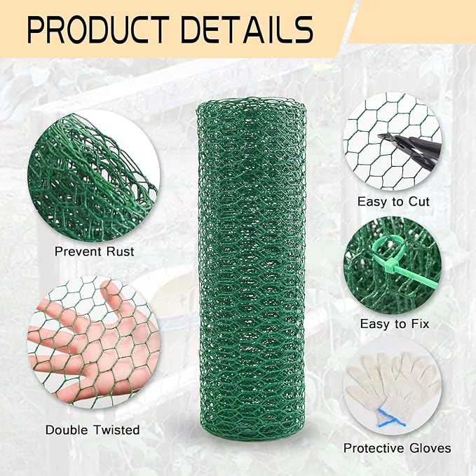 Chicken Wire 15.7in x 393.7in with a Pair of Gloves，1 Wire Cutter，100 Pcs Cable Zip Ties, Floral Chicken Wire Mesh 0.8in Hexagonal Galvanized PVC Coated Garden Netting Fence for Craft Poultry Garden
