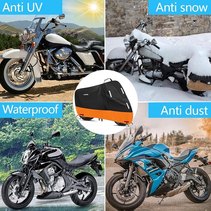 SECELES Motorcycle Covers Waterproof Outdoor Storage All Season UV-Resistant Funda para Moto for Honda Kawasaki Z900 RS Yamaha V-Star R3 R7, Windproof Buckles (XXL 86" x 37" x 50", Black & Orange)