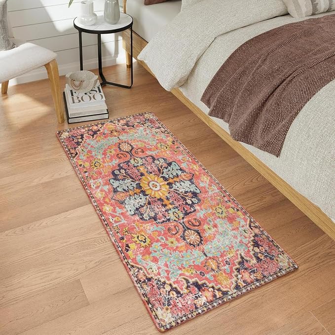 Lahome Reine Bohemian Floral Medallion Runner Rug, 2x4 Pink Bathroom Rug Runner, Machine Washable Non-Slip Hallway Mat Indoor Laundry Carpet Runners for Kitchen Living Bedroom, Fuchsia/Multi