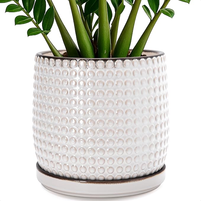 D'vine Dev 10 Inch Ceramic Beaded Stoneware Planter Pot - Flower Pot with Drainage Holes and Saucers for Indoor Succulent Plants or Flowers, Smoked White, 27-C-P-1