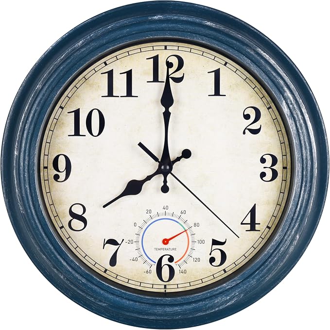 Outdoor Clock Waterproof with Thermometer Wall Clock for Patio Pool Bathroom Kitchen 12 Inch Blue