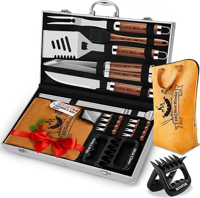RINPIR 21pcs BBQ Grill Accessories Set with 21” Reusable Meat Blanket, Father’s Day Grilling Gifts for Men Dad, Stainless Steel Grilling Tools Utensils Kit in Aluminum Case for Outdoor Camping Brown