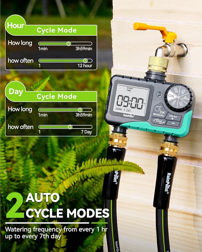 RAINPOINT 2 Zone Sprinkler Timer with Brass Inlet and Outlet - Water Timer for Garden Hose with Rain Delay/Manual Watering/Automatic Irrigation Controller for Yard(Blue Green)