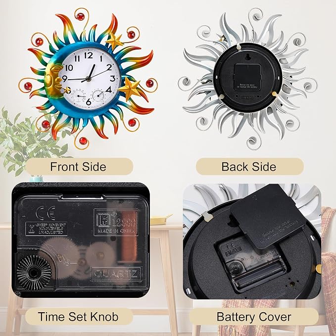 Sun and Moon Outdoor Clocks for Patio Waterproof, Outdoor Wall Clock Thermometer Combo, 13 Inch Silent Non-ticking Decorative Clock with Temperature, Decor for Garden, Living Room and Kitchen