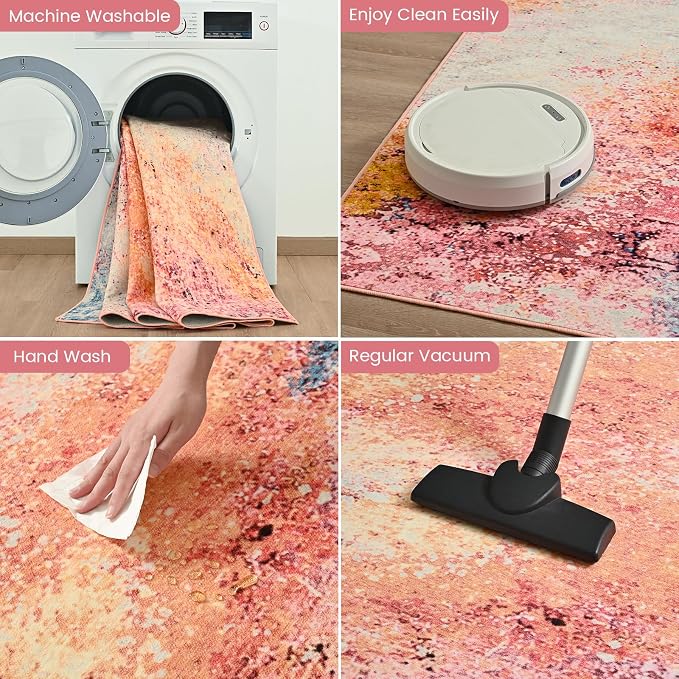 Toneed Washable 2x6 Non-Slip Abstract Runner Rug for Hallway Kitchen | Soft Modern Low Pile Area Rugs for Bedroom Laundry Living room,Indoor Carpet for Bedside Home Decor, Galaxy Pink