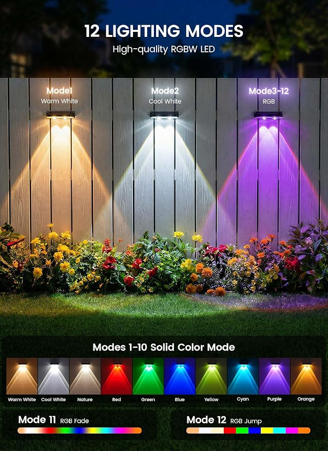 Brightown 6 Pack Solar Lights Outdoor Waterproof, Color Changing Solar Fence Deck Step Flood Lights, Warm White & RGBCW 11 Color, IP65 Waterproof Garden Lights for Outside Backyard Yard Step Patio