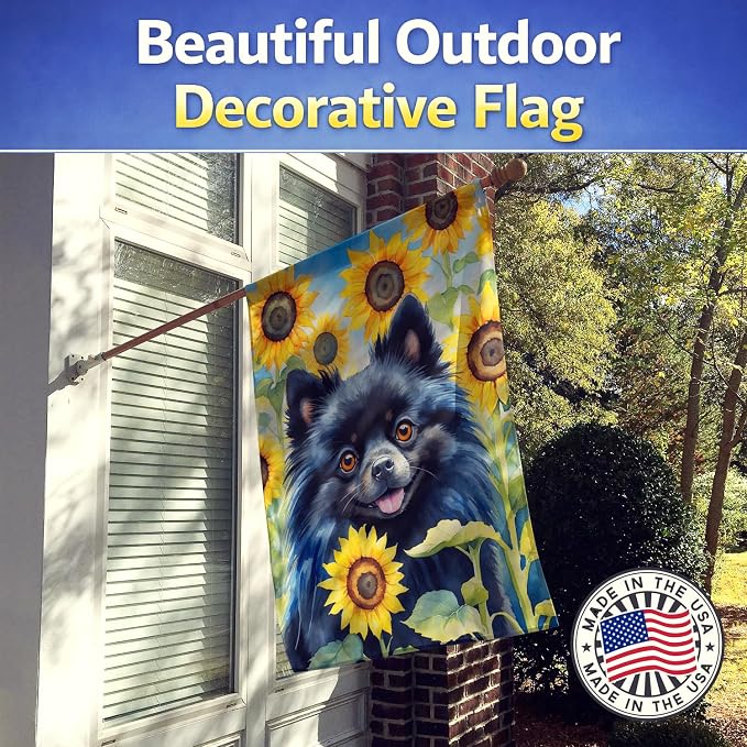 Caroline's Treasures DAC6135CHF Pomeranian in Sunflowers House Flag Large Porch Sleeve Pole Decorative Outside Yard Banner Artwork Wall Hanging, Polyester, House Size, Multicolor