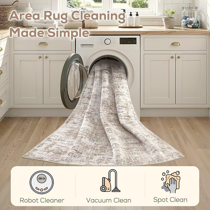 Nakagishi 10X14 Abstract Washable Area Rugs for Living Room-Brown-02 | Modern Non-Slip Silicone Backing Low Pile Soft Carpet for Bedroom Dining Decor Ideal for Families with Kids and Pets