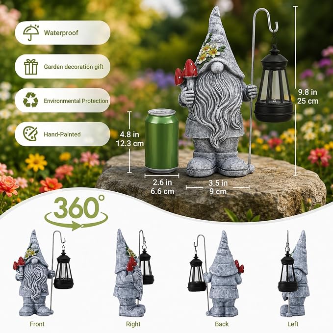 Garden Gnome with Solar Lantern: Outdoor Weatherproof Statue | Home Yard Lawn Porch Balcony Patio Decor,Birthday Gifts for Mom Women Grandma