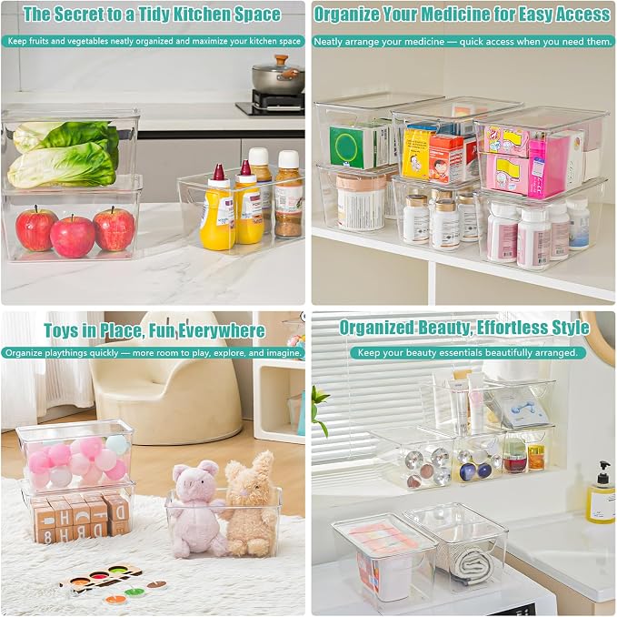6 Pack Medium Clear Storage Bins with Lids, Acrylic Arts and Craft Storage Containers, Stackable Clear Plastic Craft Storage Bins with Handles for Pantry Organizers and Storage, Kitchen, Fridge,Office