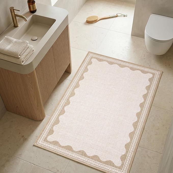 GarveeHome Scalloped Door Mat Indoor Rugs for Entryway Small Rug 2x3 Washable Non-Slip Solid Beige Modern Soft Low-Pile Throw Carpet for Bedroom Kitchen Bathroom Entrance