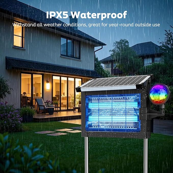 OnBeam Solar Bug Zapper Outdoor, 4500V Fly Zapper with Projector Lights | 10W Solar Panel, USB-C Charging, IPX5 Waterproof, Auto Mode, Wide Coverage, Mosquito Zapper for Backyard, Patio, Garden