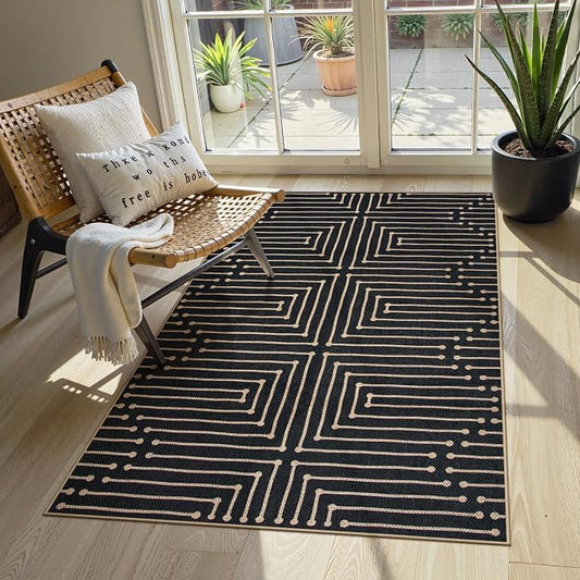 Lahome 3x5 Easy Jute Rugs for Entryway, Black and White Outdoor Rug | Modern Maze Lines Indoor Outdoor Patio Rug, Non Slip Stain Resistant Front Door Carpet for Porch Balcony