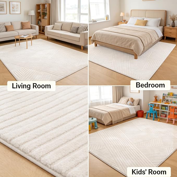 Beige Geometric 5x7 Solid Area Rug, Washable for Living Room Bedroom | Ultra Soft Thick High-Low Pile Carpet, Fluffy, Non-Slip Modern Geometric Rugs for bedside, Kids Room, Nursery, Home Office