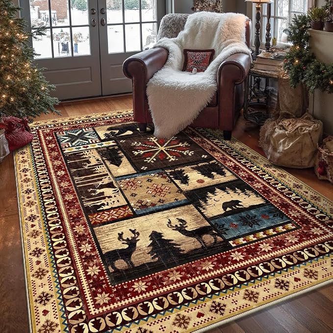 LOKHOM 4x6 Rustic Cabin Area Rug, Washable Western Lodge Bear Entryway Rug | Bear Pattern, Non-Slip, Low Pile, Soft Floor Carpet, Vintage Wildlife Accent, For Living Room Bedroom Nursery