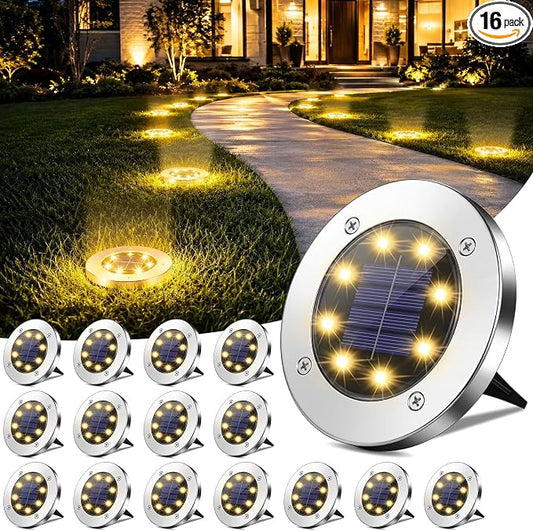 OULONGER Solar Ground Lights 16Pack, Garden Solar Outdoor Waterproof Pathway Bright In-Ground Lights Outdoor Lighting Decor for Lawn, Patio, Yard, Driveway,Walkway Warm Light