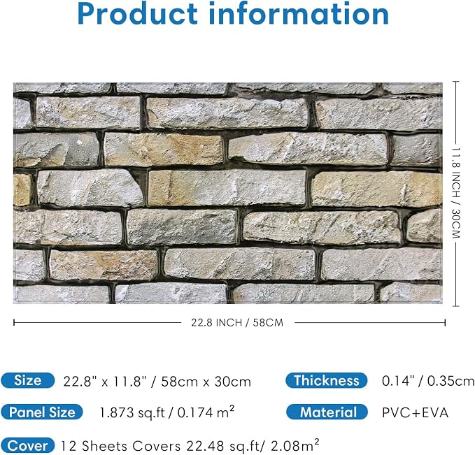 COMSTICKC 3D Stone Wall Panel Peel and Stick,12 Pcs of 22.8" x 11.8", DIY Lightweight PVC Stone Brick Textured Self Adhesive Wall Tiles Backsplash Interior Decor, Paintable, Covers 22.48 sq.ft