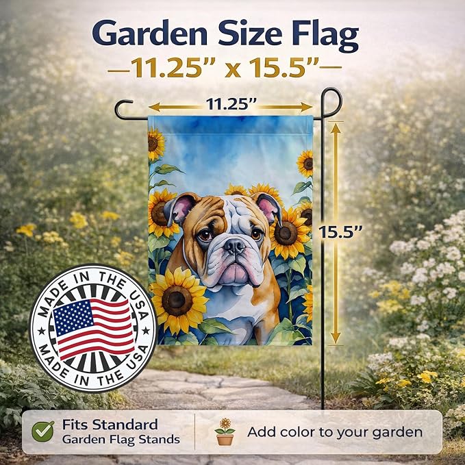 Caroline's Treasures DAC6072GF English Bulldog in Sunflowers Garden Flag Mailbox Flag Decorative Yard Flag Banner Outside Patio Artwork Yard Flower Beds, Garden Size, Multicolor