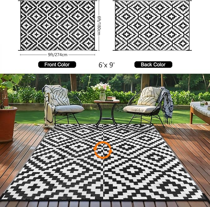Outdoor Patio Plastic Straw Rug - 6x9 ft Outdoor Camping Rug Waterproof Reversible, Area Carpet Patios RV, Outside Porch Balcony Deck for Camper, Black & White