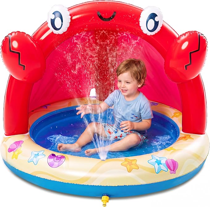 Sloosh Baby Pool Toddler Sprinkler, Crab Splash Pool with Canopy, Baby Wading Pool Inflatable Sprinkler for Learning, Children’s Water Pool Toys, Inflatable Kiddie Pool for Outdoor Summer Water