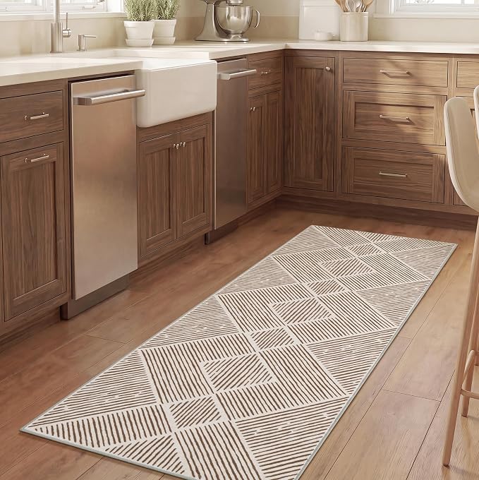 2‘x6' Washable Brown and Cream Runner Rug for Kitchen Hallway | Non-Slip, Low Pile, Stain Resistant, Farmhouse Tan Geometric Long Rug for Entryway Bedroom