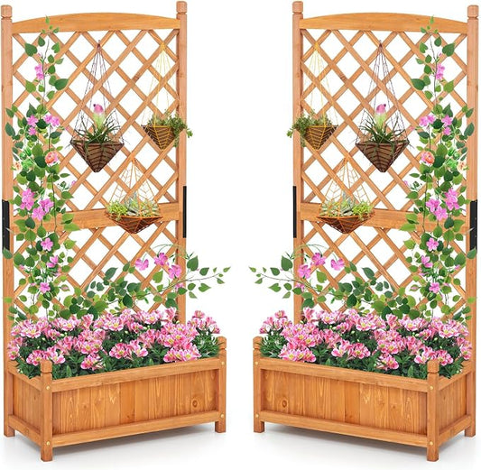 Giantex Raised Garden Bed with Trellis Set of 2, 60" Wooden Planter Container w/Drainage Holes, High Trellis for Plant Flower Climbing Pot Hanging, Indoor Outdoor Planter Box for Yard Garden Balcony